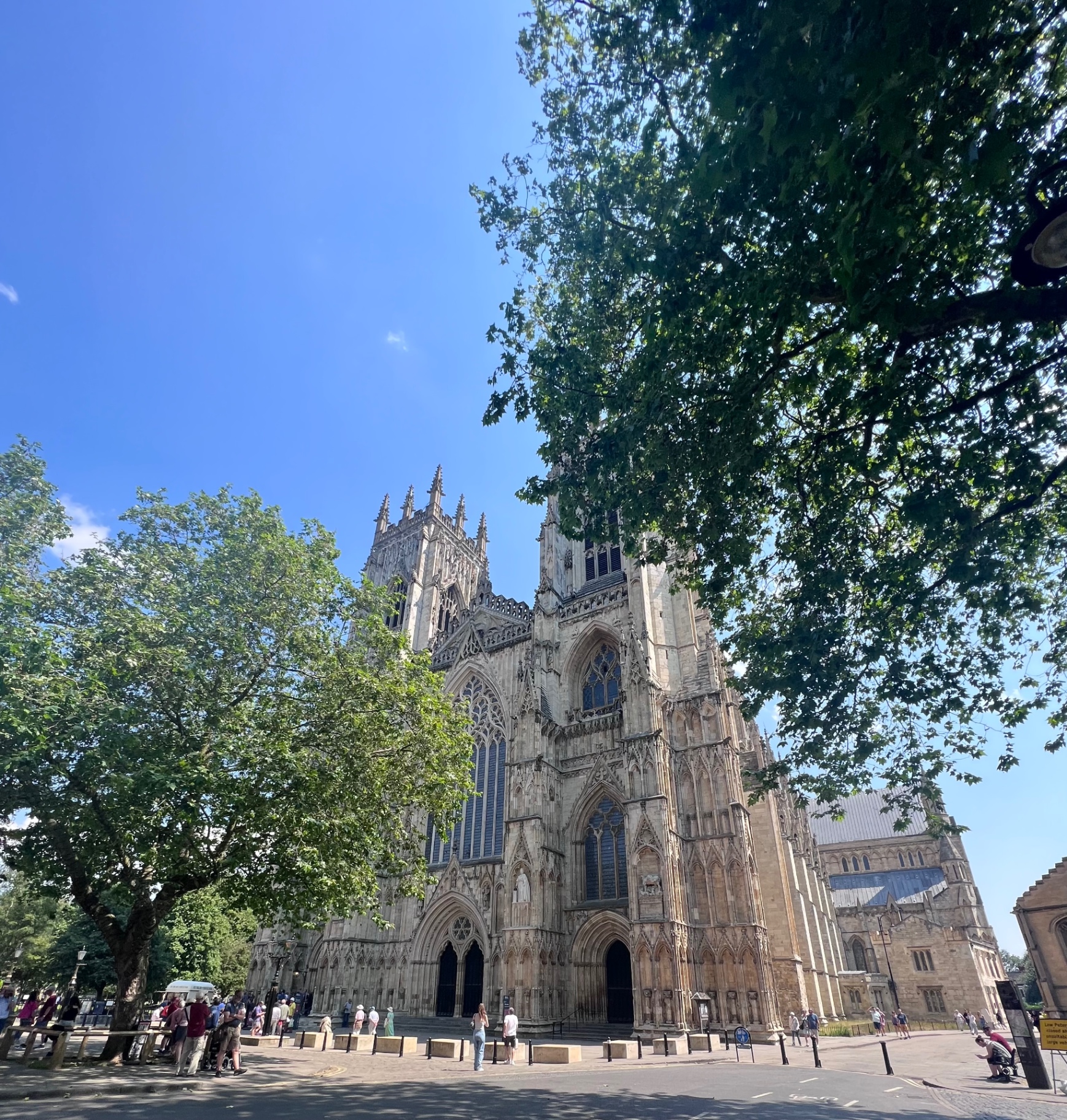 York Minster on a bright summer day, framed by trees