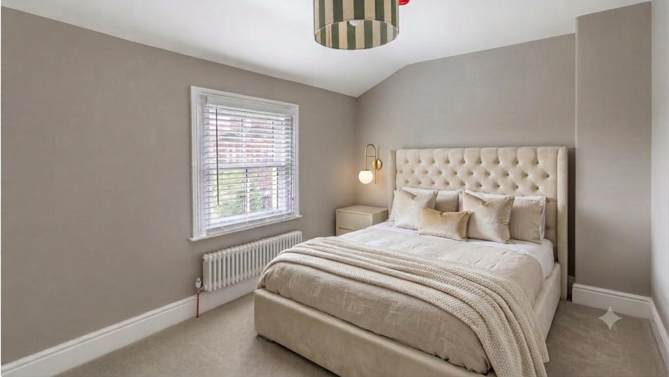 Neutral bedroom with tufted headboard and wall light