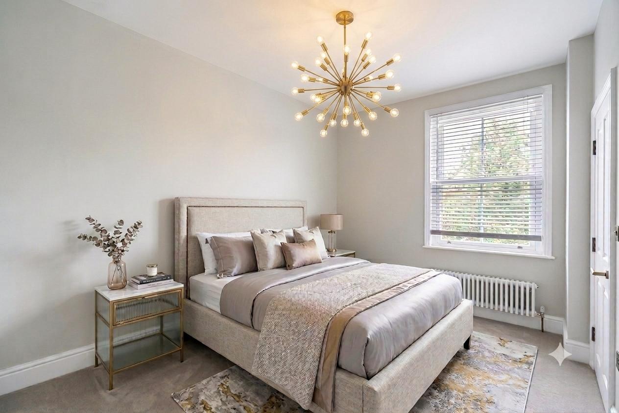 Neutral bedroom with upholstered bed and statement chandelier